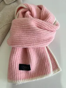 Pink ribbed knit scarf with cream contrast edge, soft wool blend winter warm fashion neck warmer.