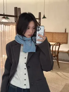 Korean style wool blend embroidered scarf for women, winter warm knitted solid color neckerchief.