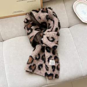 Korean style autumn winter leopard print knitted scarf women warm wool blend fashion retro muffler