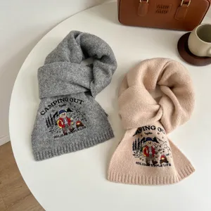 Cute bear embroidered wool knit scarf detail shot, autumn and winter warm cozy neckwear accessory