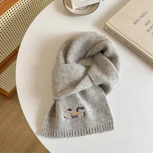 Grey wool blend women winter scarf with cute pony embroidery, thick warm cozy neck wrap.