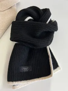 Japanese style black knit scarf with white piping, soft warm winter neck wrap for women.