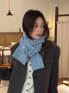Korean style wool blend embroidered scarf for women, warm winter knitted neck wrap, blue.