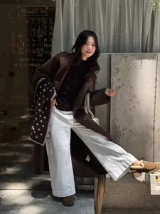 Women's autumn winter wool blend polka dot scarf matching long coat and wide leg pants