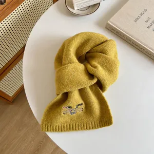 Yellow wool blend winter scarf for women, thick warm knitted scarf with cute pony embroidery.