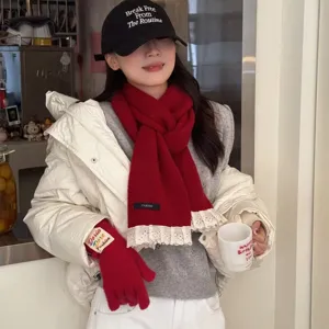 Korean style sweet solid color lace knitted scarf and gloves set for autumn and winter warmth.