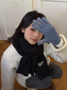 Detail shot of cozy winter knit scarf with embroidered text and matching blue gloves.