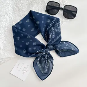Korean style dark blue paisley square scarf cotton linen feel hair band neck scarf 70x70cm accessory