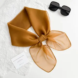 Einfarbiges Chiffon Halstuch Detail, leichtes braunes Mode Haaraccessoire fuer Damen.
