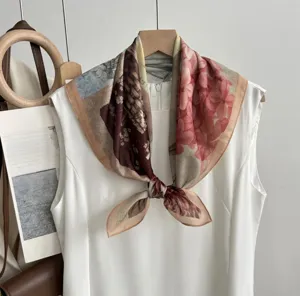 Vintage floral printed tencel cotton square scarf, lightweight summer neckerchief.