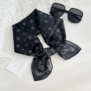 Korean style black paisley print cotton linen feel square scarf, 70x70cm chic neckerchief.