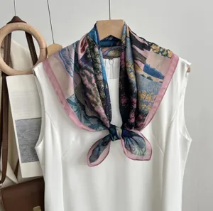Retro oil painting printed square scarf, soft tencel cotton, elegant summer neck accessory.