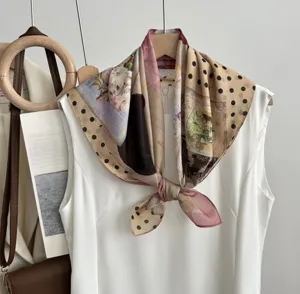 Vintage floral and polka dot square scarf, soft tencel cotton, stylish spring summer neckerchief.