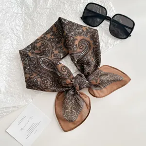 Brown paisley square scarf, elegant fashion bandana for women, stylish neckerchief accessory.