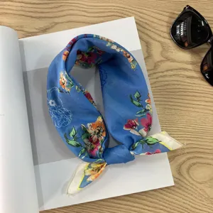 Vintage floral print blue cotton small square scarf, elegant bandana neck tie detail.