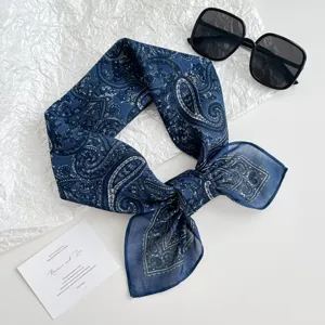 Blue paisley print square scarf 70x70cm, versatile silk-feel hair scarf and neck wrap for women.