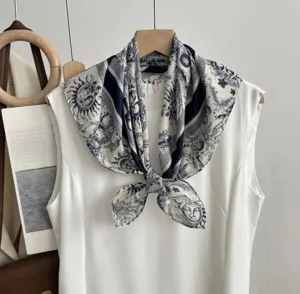 Retro printed square scarf, lightweight thin neck scarf, versatile spring and summer accessory.