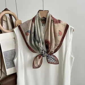 Vintage print Tencel cotton square scarf elegant floral neck wrap for women spring summer