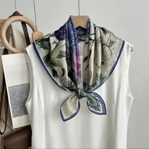 Vintage floral print Tencel cotton square scarf, lightweight and elegant for spring.