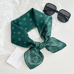 Korean style retro dark green paisley square scarf, soft cotton linen feel, versatile head wrap.
