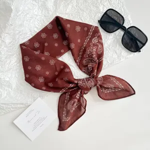 Korean style vintage paisley square scarf, soft cotton linen feel headscarf for women and hair tie.