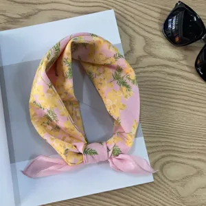 Pastoral retro floral square scarf neckerchief, soft lightweight fabric detail showing stylish knot design.