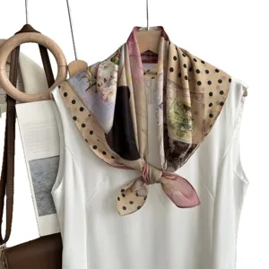 Vintage floral print tencel cotton square scarf for women, lightweight spring summer neck scarf.