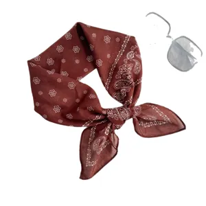 Brown paisley bandana square scarf, vintage cotton-linen feel head wrap, stylish neckerchief.