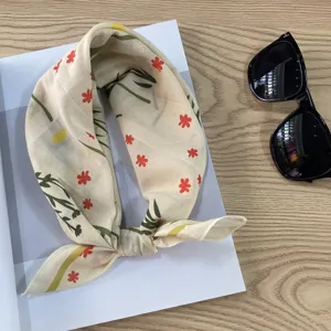 Floral print cotton square scarf detail, vintage pastoral style neckerchief for summer wear.