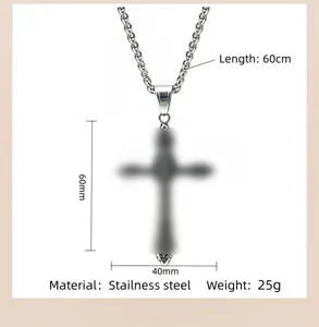 Collier croix en acier inoxydable pour homme vue detaillee avec dimensions et poids.