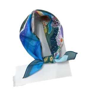 Japanese retro floral cotton small square scarf, artistic printed neckerchief for summer.