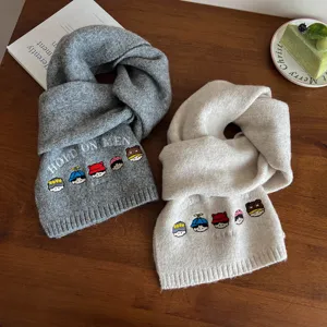 Cozy winter wool-blend knitted scarf with cute cartoon embroidery and English letters.