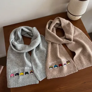 Korean style wool blend knit scarf with cute cartoon embroidery, warm winter thick solid color scarf