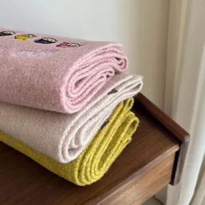 Cute cartoon embroidered wool blend thick warm winter scarf for cozy daily wear style