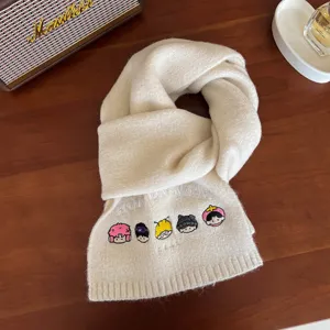 Korean style thick warm wool knit scarf with cute cartoon embroidery for winter daily wear.