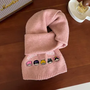 Pink knitted winter scarf with cute cartoon embroidery, thick, warm, and cozy for daily wear.