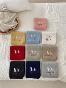Women autumn winter knit scarf cute ski bear embroidery cozy warm stylish casual neck wrap