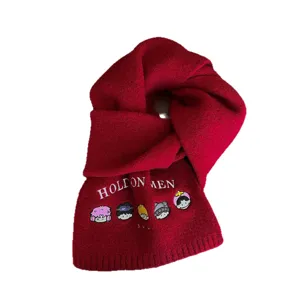 Red knitted winter scarf with cute cartoon embroidery and warm thick woolen fabric for women.