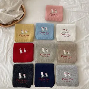 Women Winter Warm Knit Scarf Cute Ski Bear Embroidery Wool Blend Tassel Long Scarf Fashion Casual Neck Warmer