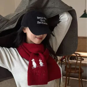 Winter knitted scarf and baseball cap set with cute skiing embroidery for women cozy