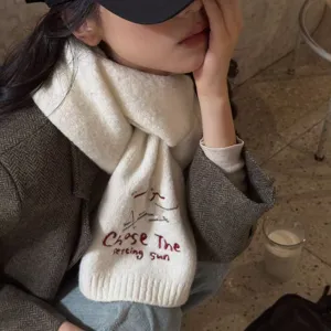 Stylish embroidered letter knit scarf for women, warm winter neckwear for casual daily outfits.