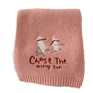 2025 New Pink Knit Scarf Cute Ski Bear Embroidery Warm Winter Cozy Fashion Neck Warmer