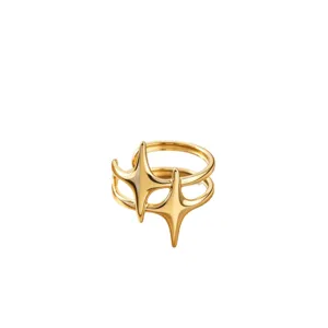 Gold titanium steel open ring with unique double-layer star design, fashion jewelry.