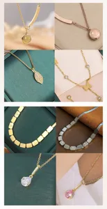 Fashion titanium steel necklace set with smiley face leaf and geometric square pendants.