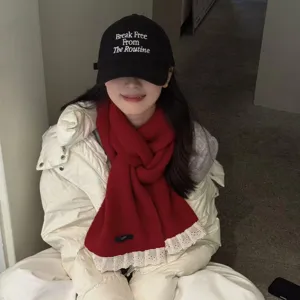 Korean style solid color sweet lace knitted scarf and embroidered baseball cap winter warm set.