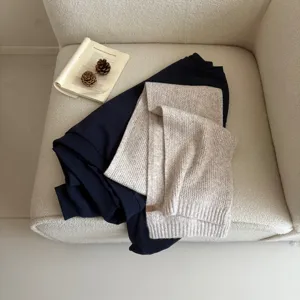 Cozy winter knitted scarf and sweatshirt set, soft warm wool blend, Korean style everyday wear.
