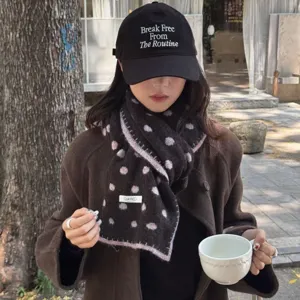 Chic wool blend knit polka dot scarf with contrast trim for women winter warm fashion style
