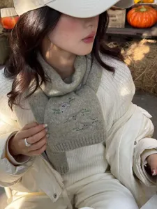 Cozy wool blend embroidered knit scarf for women, stylish autumn winter warm winter neck warmer.