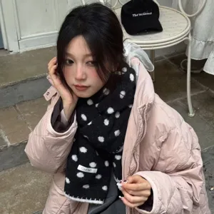 Chic black and white polka dot wool scarf for women, cozy winter warm knit neck wrap.