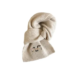 Solid color winter knit scarf for women, thick warm wool blend scarf with cute embroidery.